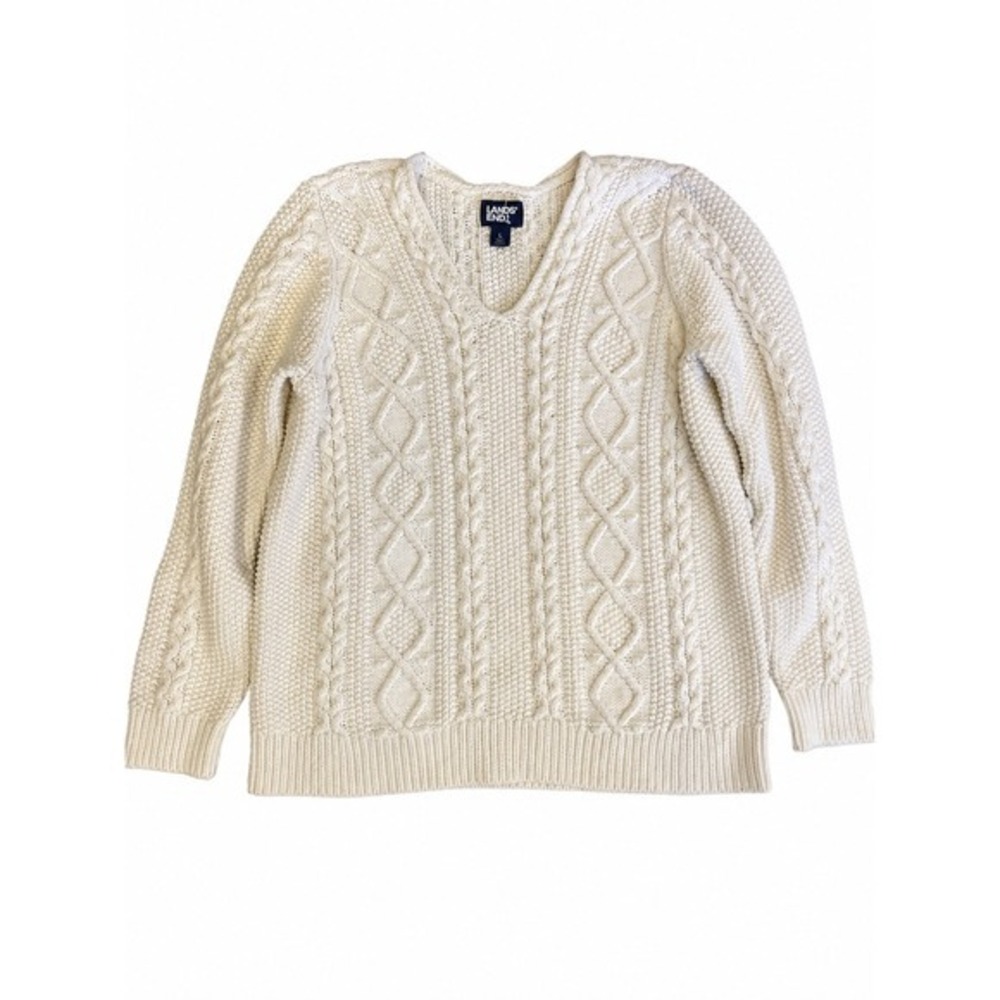 Lands End Kids Ivory Cable Knit V-Neck Sweater Cream Cotton Blend Size L 14-16